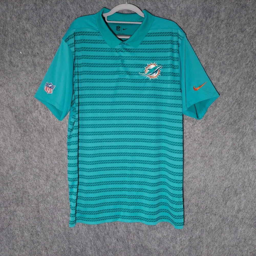 Nike Men Polo XL Teal Miami Dolphins NFL Football Dri-Fit Striped Performance